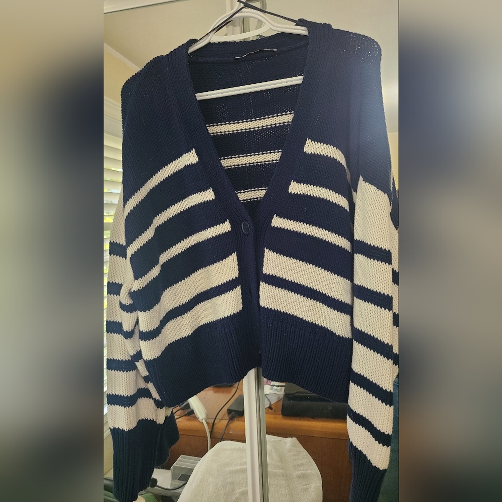 Zara Navy and White Striped Cardigan
